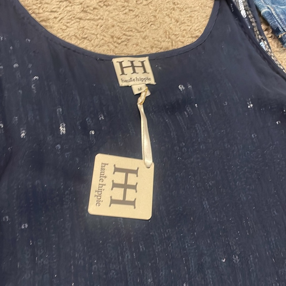 Haute Hippie Silk Sequin Beaded Dress M NWT Navy Blue Flapper Shift Cockail - Picture 15 of 15
